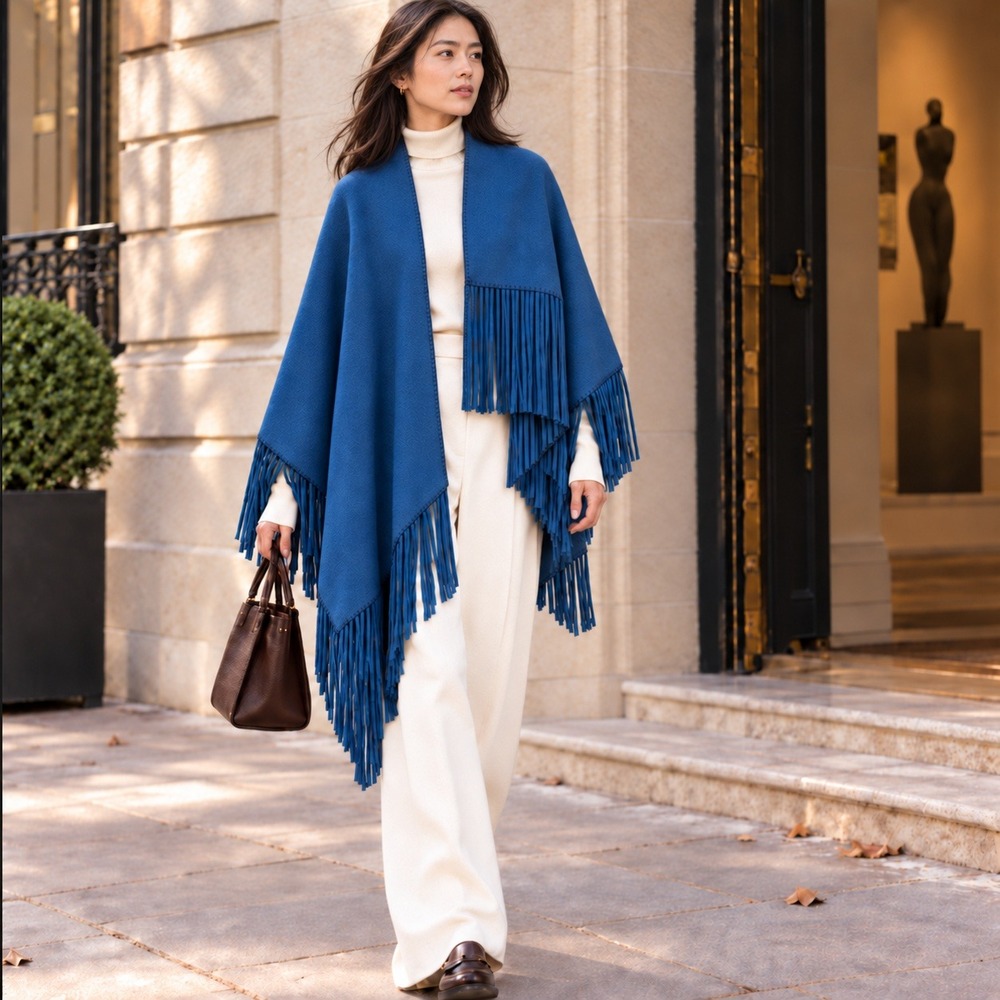 Burberry Prorsum Runway Blue Wool Cashmere Fringe Poncho Wrap Scotland 131x128cm